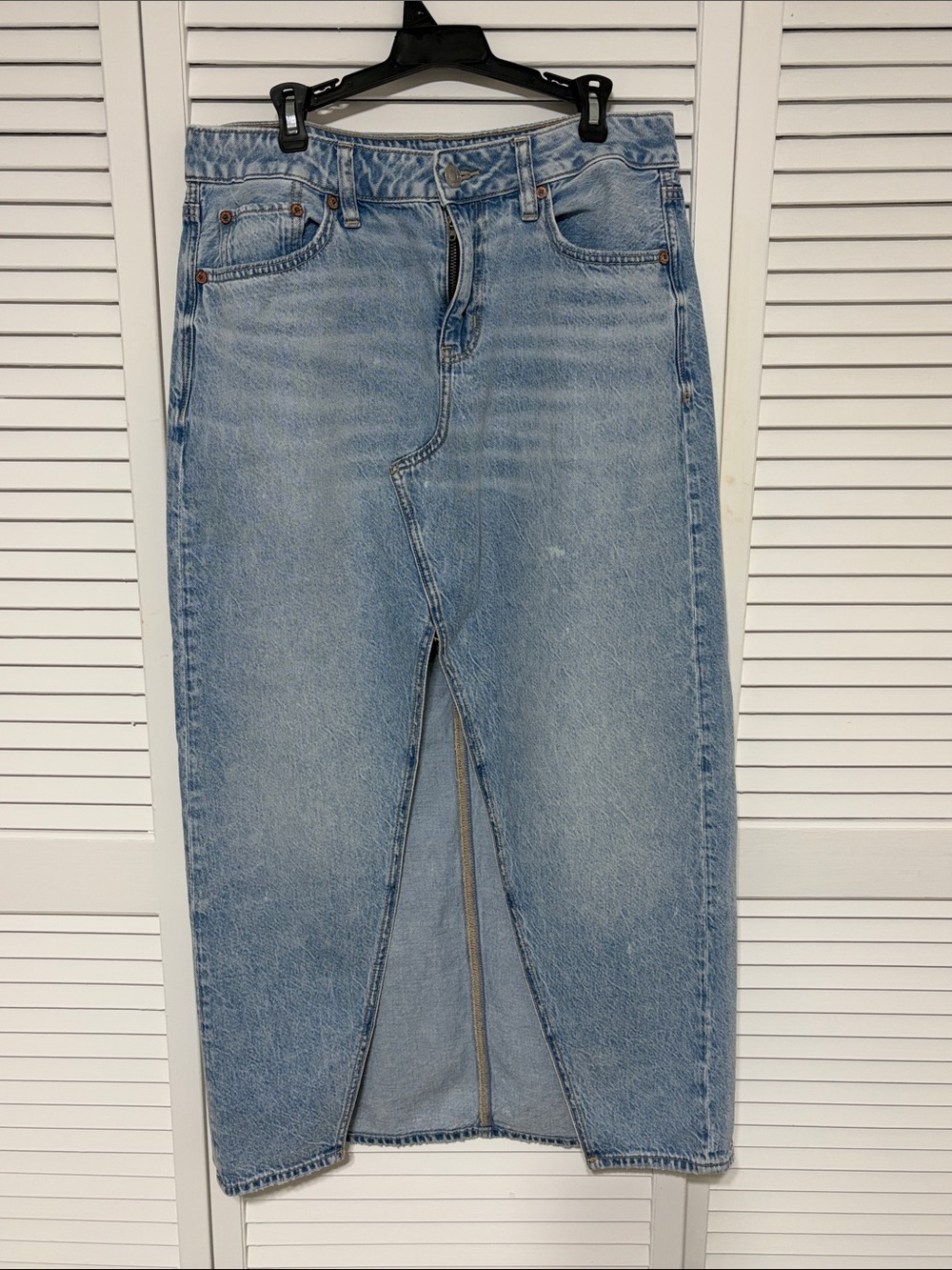 American Eagle Outfitters Light Blue Denim Straight Maxi Skirt with Front Slit